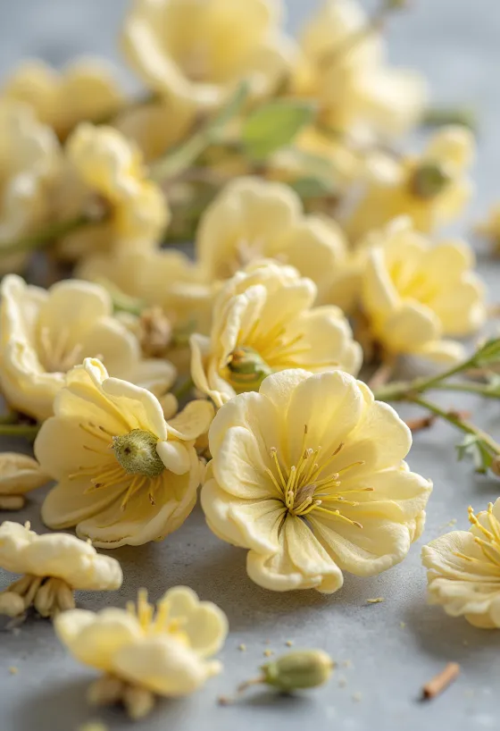 Tørkede lindeblomster i skål på rustikk overflate
