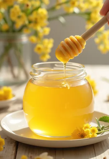Lindeblomsthonning i glass med honningpinne og lindeblomster