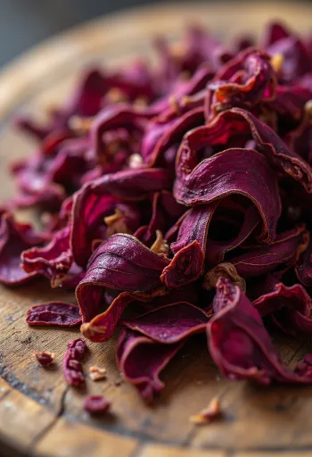 Tørkede hibiskusblader i skål og strødd på bordet