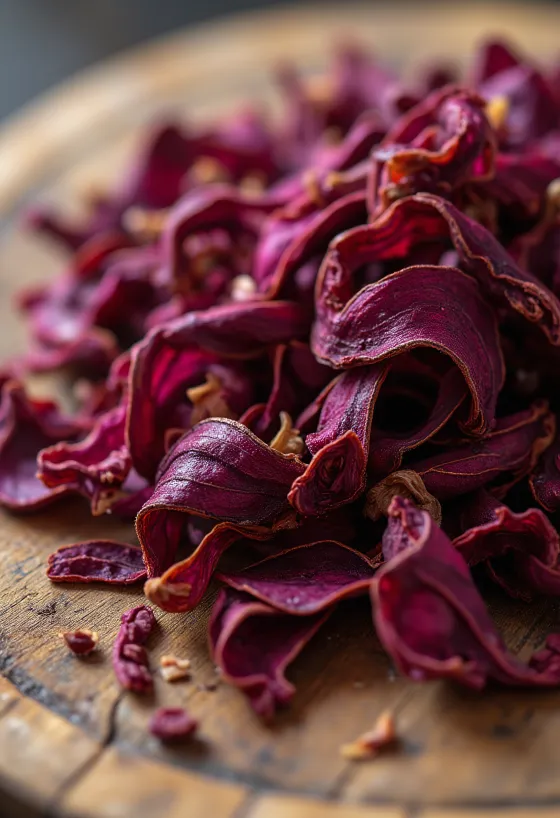 Tørkede hibiskusblader i skål og strødd på bordet