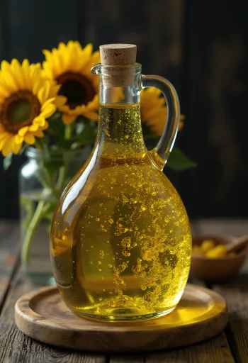 Kaldpresset solsikkeolje i liten glasskål, med solsikkekjerner og kronblad