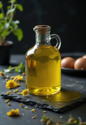 Kaldpresset rapsolje i glasskål, med rapsfrø og gul blomst