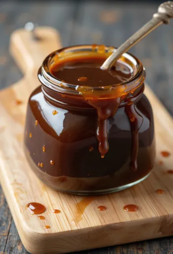Mørk hoisin-saus i skål med ingredienser som soya, hvitløk og krydder