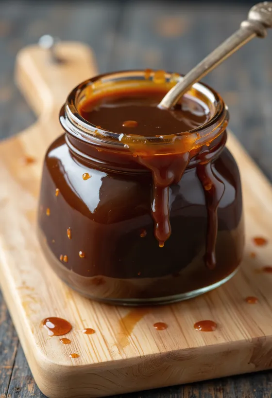 Mørk hoisin-saus i skål med ingredienser som soya, hvitløk og krydder