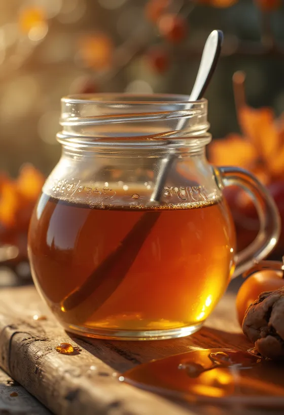 Gyllen lønnesirup i flaske og rennende fra skje