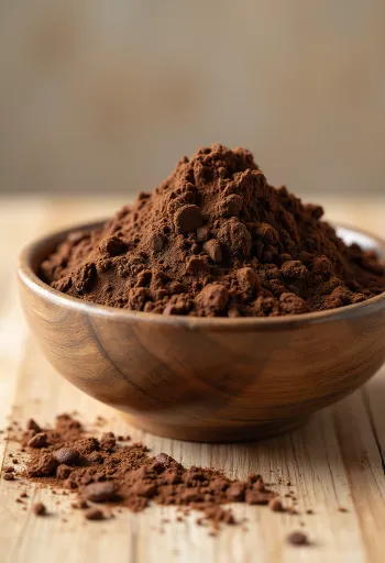 Kakaopulver i en liten skål og drysset med en treskje på en lys overflate