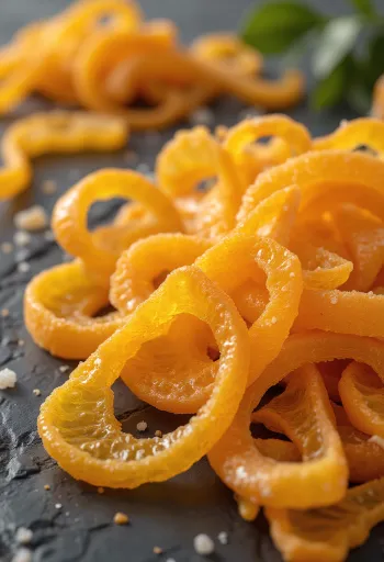 Kandisert appelsinskall i skål, med ferske appelsinbiter, sukker og honning