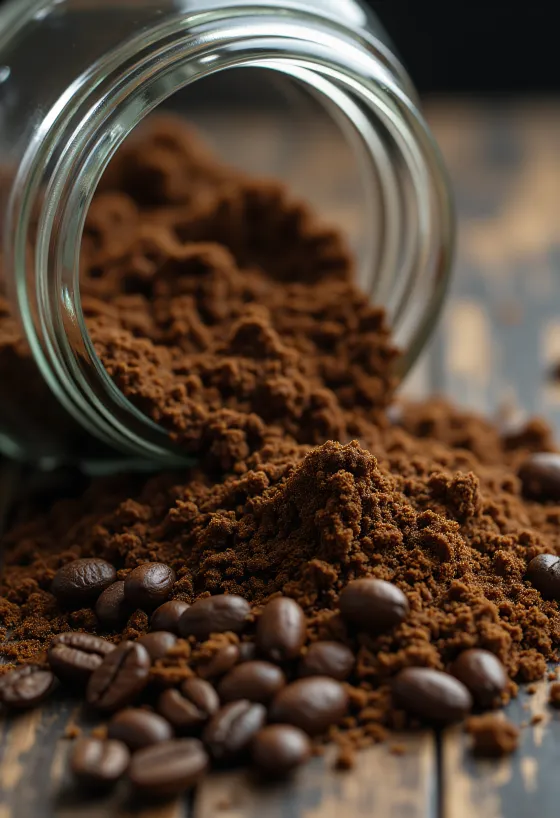 Malt kaffe og brente kaffebønner med treskje på rustikk bakgrunn