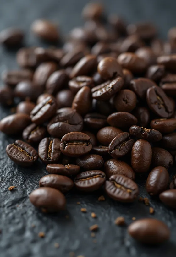 Brente kaffebønner strødd utover en rustikk treoverflate