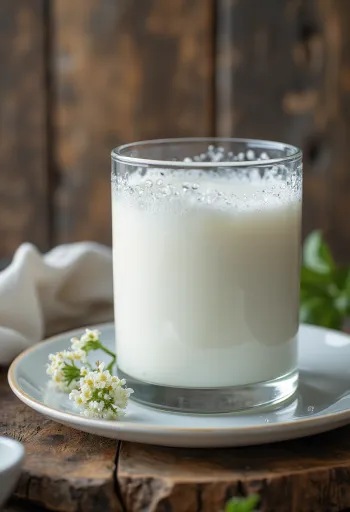 Hvit, kremet kefir i skål på rustikk trebord