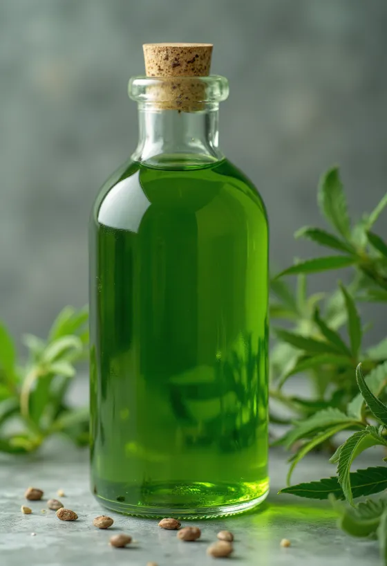 Hampfrøolje i liten flaske, med rå hampfrø i skål