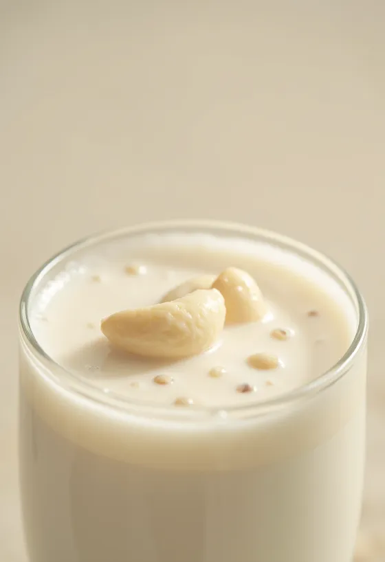 Cashewmelk helles i glass, med cashewnøtter i skål og strødd på benken