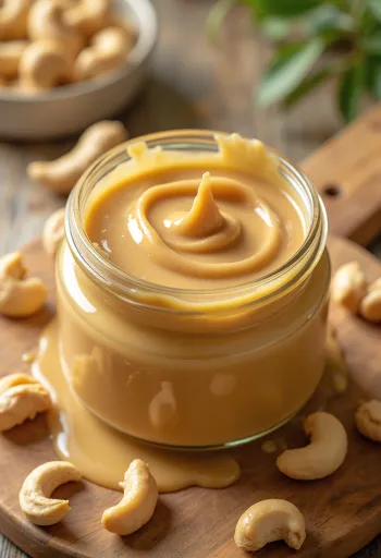 Cashewsmør i glass, med skje og hele cashewnøtter på treoverflate