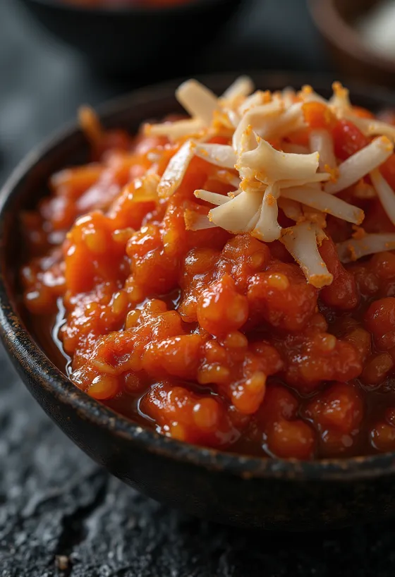 Rå kimchiingredienser på treoverflate: kinakål, gochugaru, hvitløk, ingefær, vårløk, rispasta, reddik og gulrot