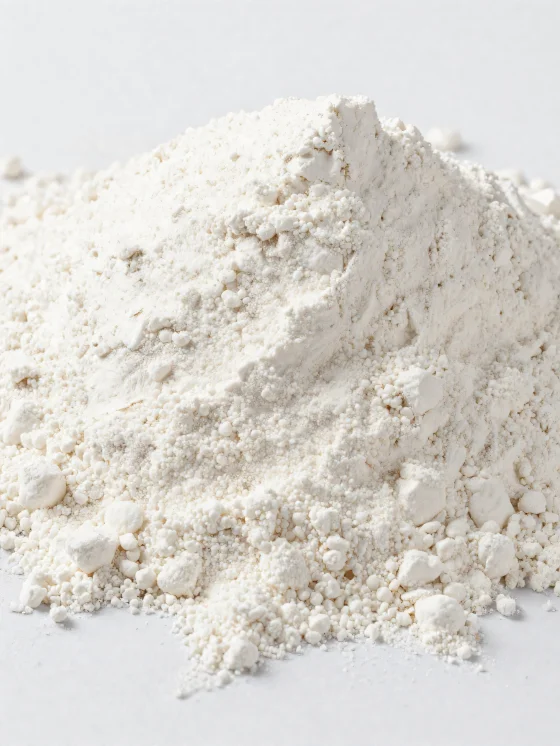 Kokosmel i keramikkskål, lyst pulver med fin tekstur på treoverflate