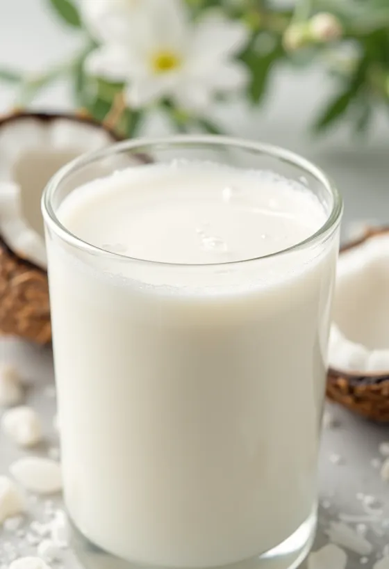 Kokosmelk helles fra flaske over i en klar skål, med en halv kokosnøtt ved siden av