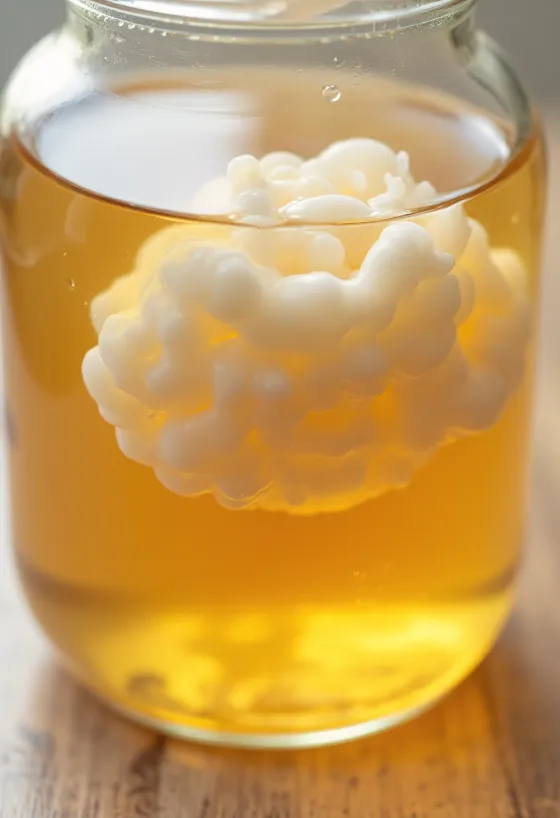 Kombuchabase-ingredienser: SCOBY, svart te, sukker og fermenteringsglass på en treoverflate