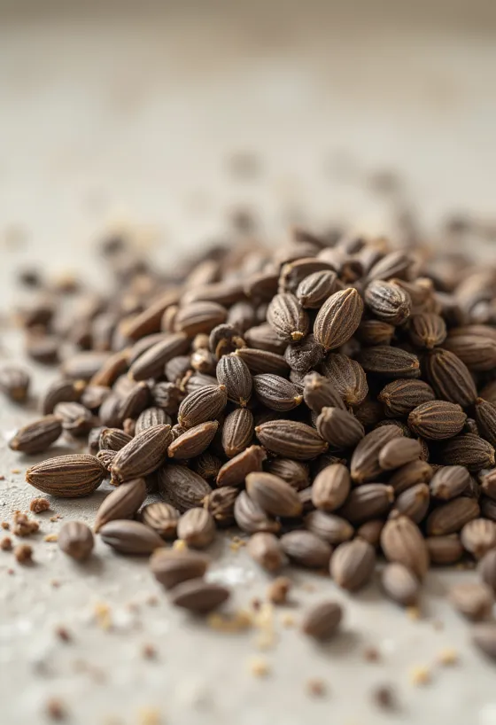 Malt karve og hele frø på kjøkkenbenk