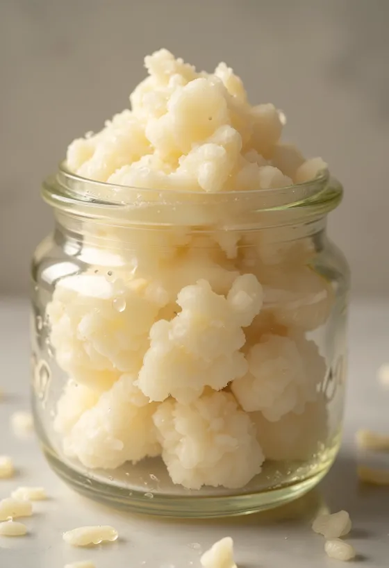 Levende surdeigskultur med boblende overflate i glass, med mel og treskje i rustikk kjøkkenbakgrunn