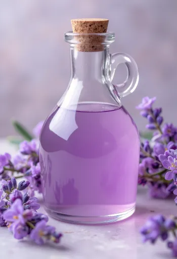 Hjemmelaget lavendelsirup i flaske med frisk lavendel