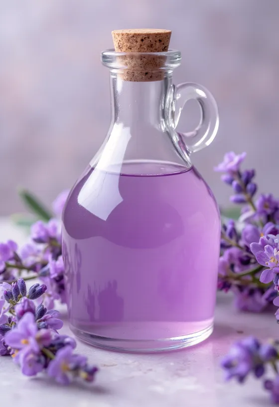 Hjemmelaget lavendelsirup i flaske med frisk lavendel
