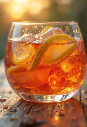 Likørflaske og glass, omgitt av krydder og naturlige smakstilsetninger