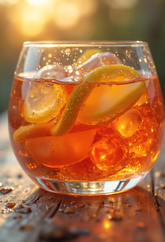 Likørflaske og glass, omgitt av krydder og naturlige smakstilsetninger