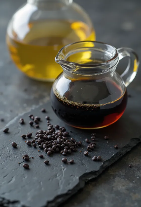 Valmuefrøolje i flaske ved siden av skål med sorte valmuefrø