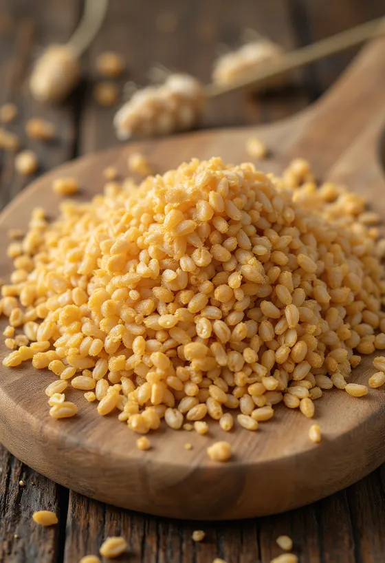 Malt som råvare: maltet bygg og maltpulver i treskål og strødd på kjøkkenbenk