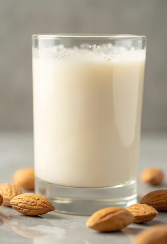 Mandelmelk helles i glass, med hele og malte mandler ved siden av