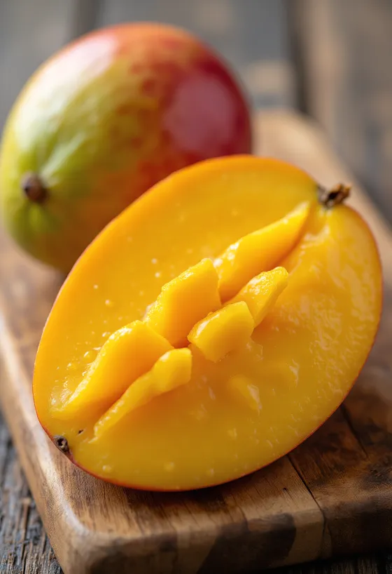 Fersk mango i skiver på trebord, med klart oransje fruktkjøtt