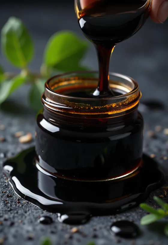 Mørk og tykk melasse i skål, med sirup som renner fra en treskje