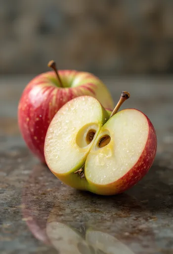 Friske Braeburn-epler og eplebåter på en skjærefjøl