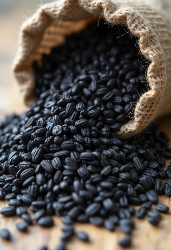 Svart ris i glassbeholder, omgitt av løse riskorn