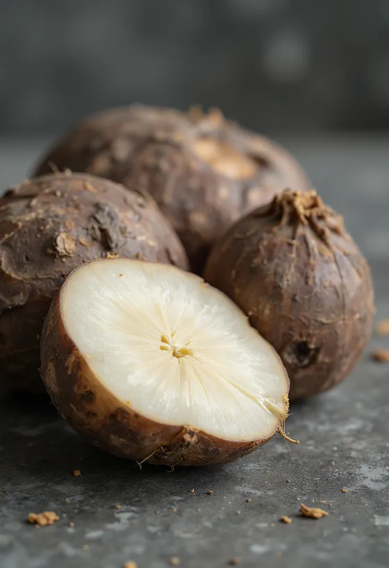 Oppskåret yamsrot på skjærebrett med andre rotgrønnsaker