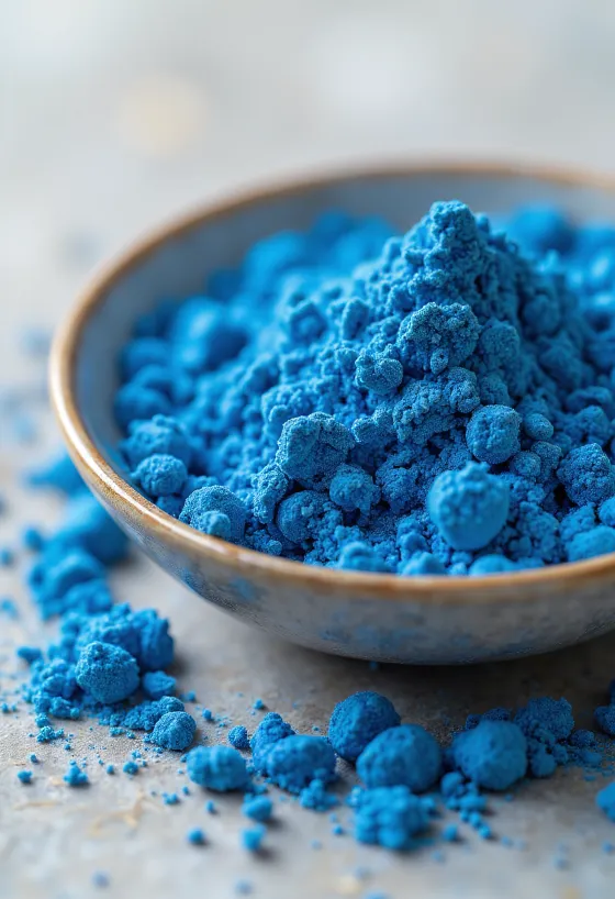 Blått spirulinapulver i lite glass, knallblå farge, omgitt av spirulinaalger