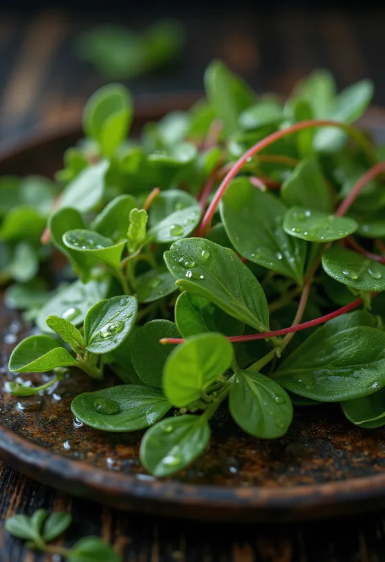 Portulakkplante med grønne blader og gule blomster