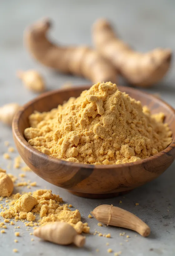 Macapulver i lite glass, jordbrun farge, omgitt av friske macarøtter