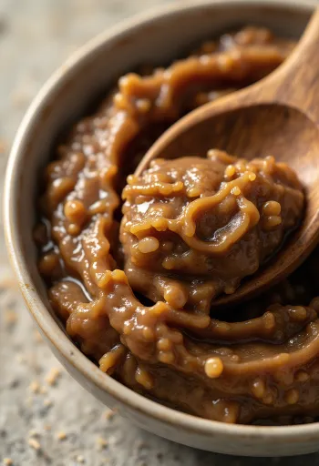 Misopasta i lite glass, rik brunfarge, omgitt av soyabønner, tørket tang og ris