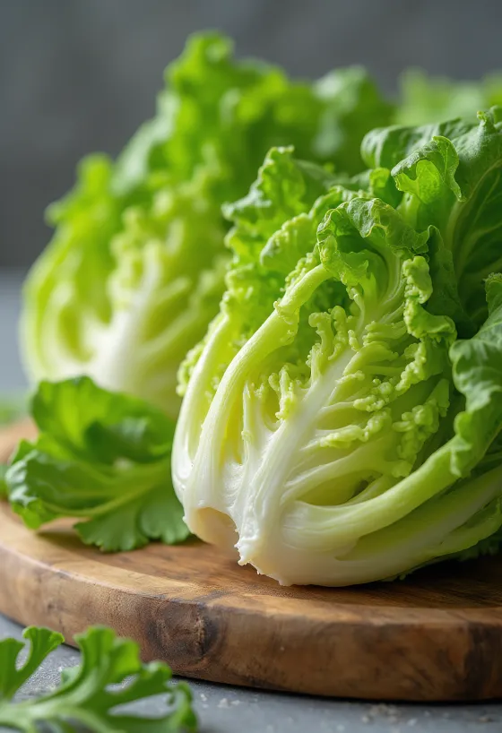 Frisk romanosalat med lange, sprø blader på en skjærefjøl