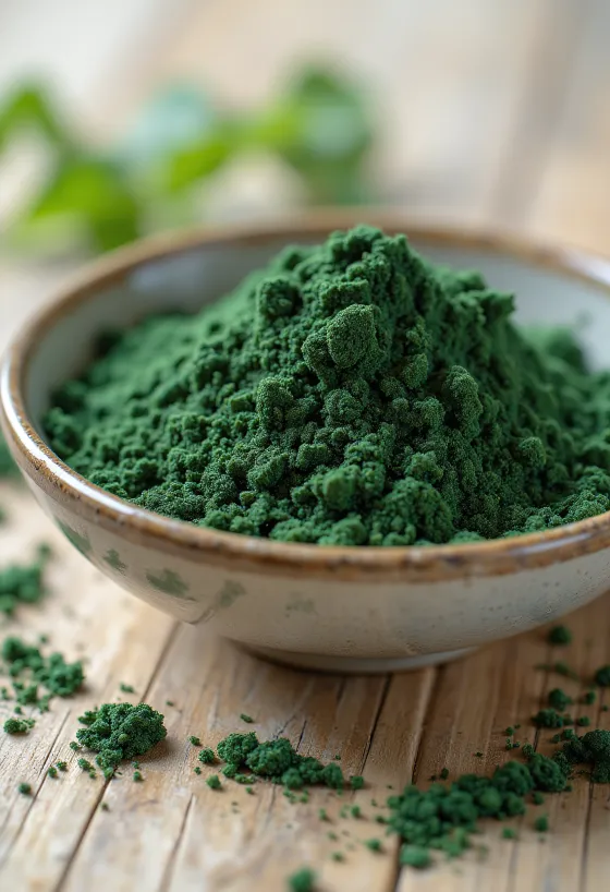 Spirulinapulver i lite glass, dyp grønn farge, med spirulinatabletter rundt