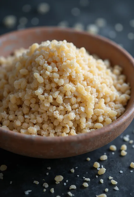 Bilde av fonio (acha) korn, i rå form, på treoverflate