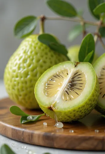 Feijoa frukt delt i to, viser det saftige fruktkjøttet