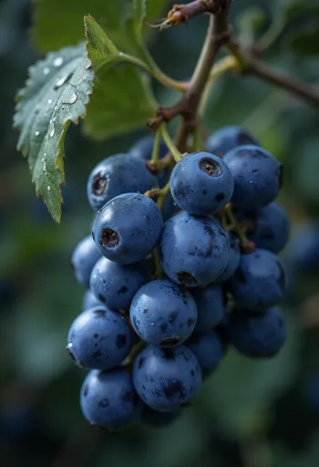 Nærbilde av Kékfrankos-druer, friske og saftige med blålilla skall