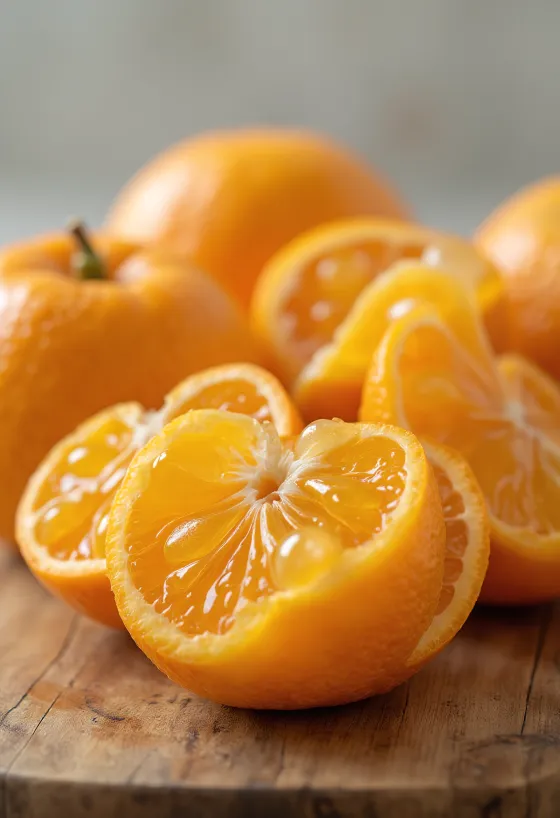 Mandarinskive, knalloransje fruktkjøtt og frisk tekstur