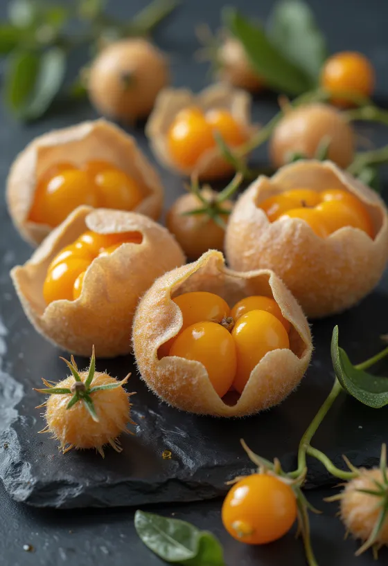 Physalis bær (kappstikkelsbær) med oransje farge og papiraktig hylster