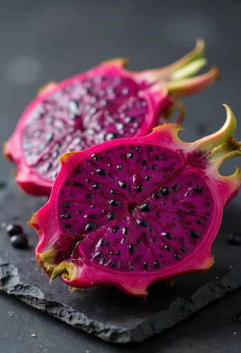 Rød dragefrukt (pitahaya) med intenst rosa fruktkjøtt og svarte frø