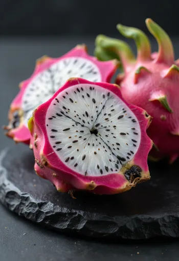 Hvit dragefrukt (pitahaya) delt i to, hvitt fruktkjøtt med svarte frø