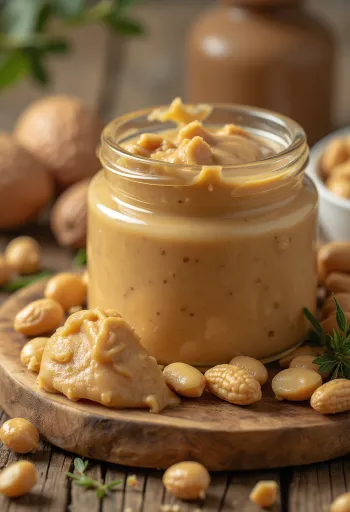 Kremet peanøttsmør i glass, ved siden av peanøtter