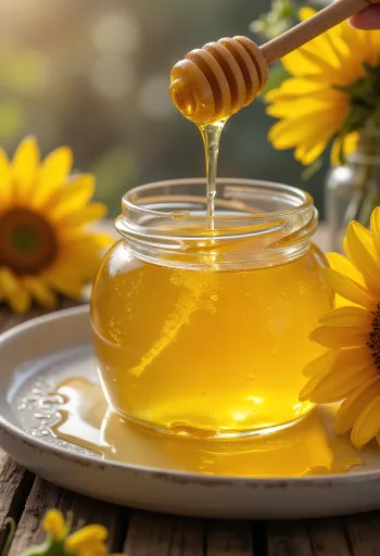 Solsikkehonning i glass med honningpinne og solsikkeblomster
